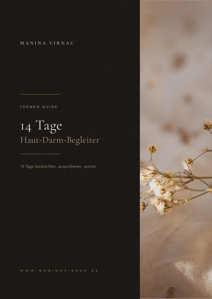 Cover des Guides „14 Tage Haut-Darm-Begleiter" von Manina Virnau, für Frauen ab 40 zur Beobachtung von Darm und Haut in den Wechseljahren