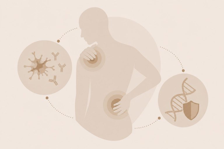 Stille Entzündungen: Körpersilhouette mit Schmerzen, Immunzellen, Antikörper und DNA-Symbol als Illustration chronischer Entzündung