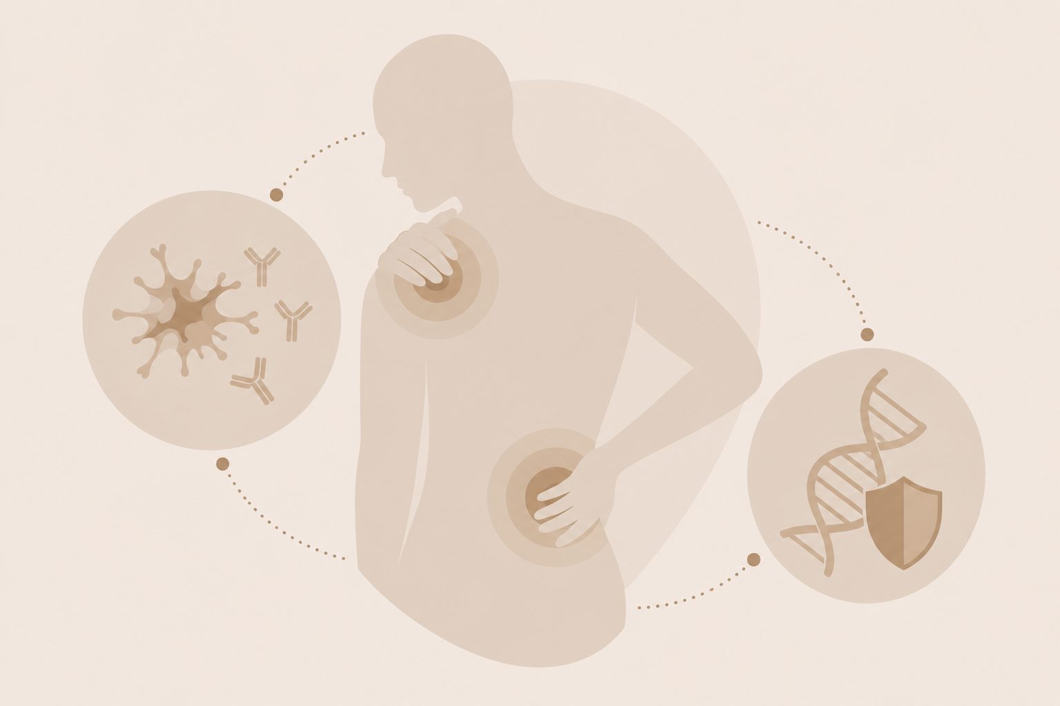 Stille Entzündungen: Körpersilhouette mit Schmerzen, Immunzellen, Antikörper und DNA-Symbol als Illustration chronischer Entzündung